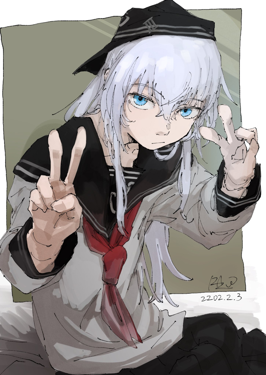 1girl, bangs, black_headwear, black_sailor_collar, black_skirt, blue_eyes, closed_mouth, commentary