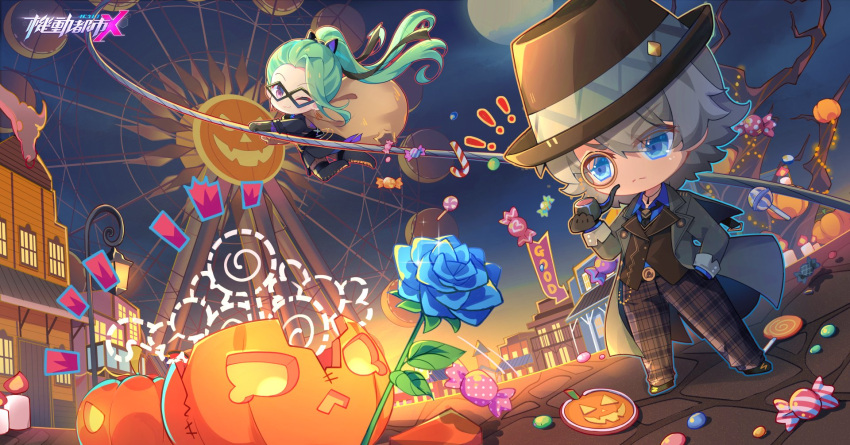 1boy, 1girl, black_vest, blue_flower, blue_rose, blue_shirt, brown_pants, candy