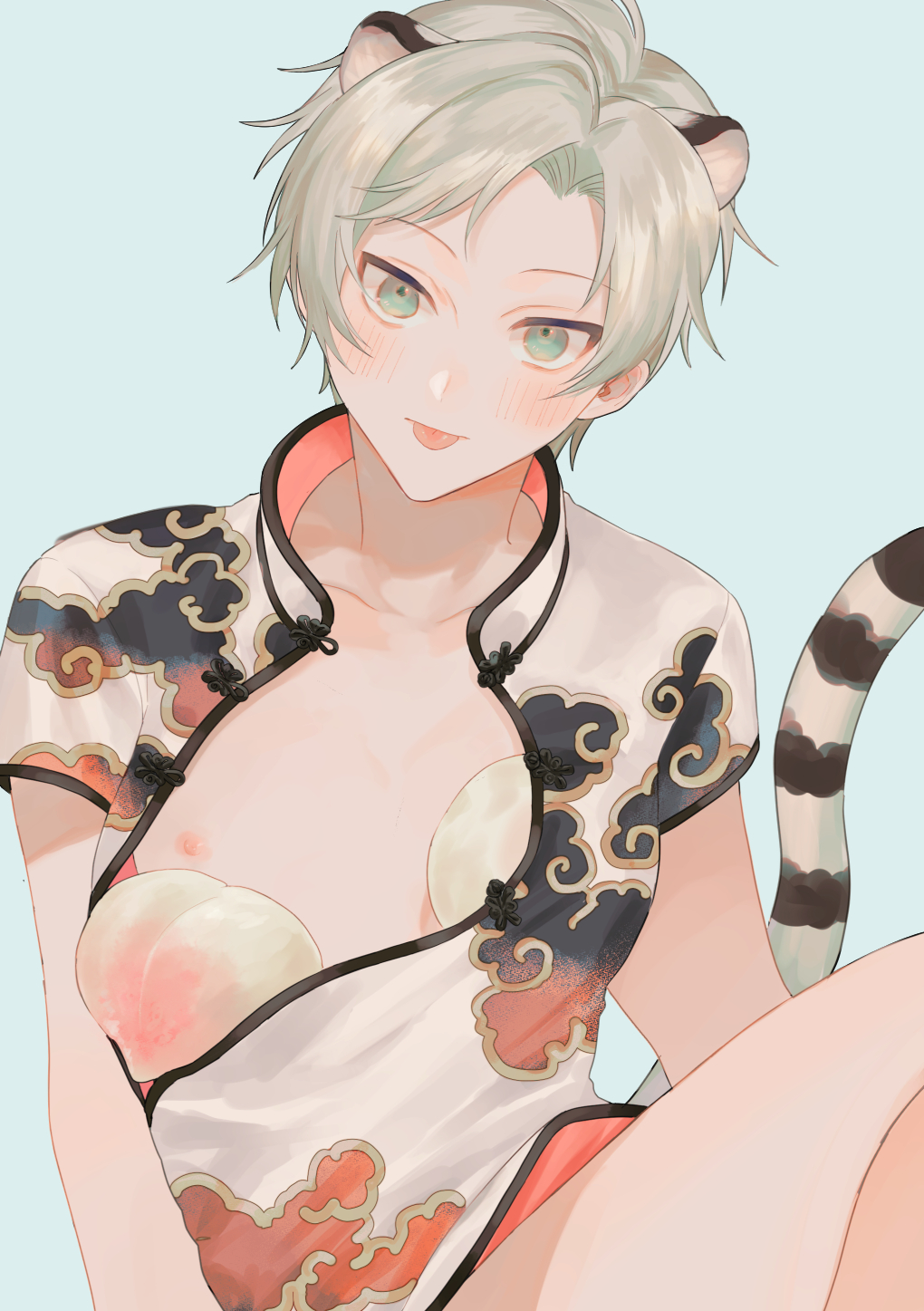 1boy, animal_ears, bare_legs, blue_background, blue_eyes, breast_padding, china_dress, chinese_clothes