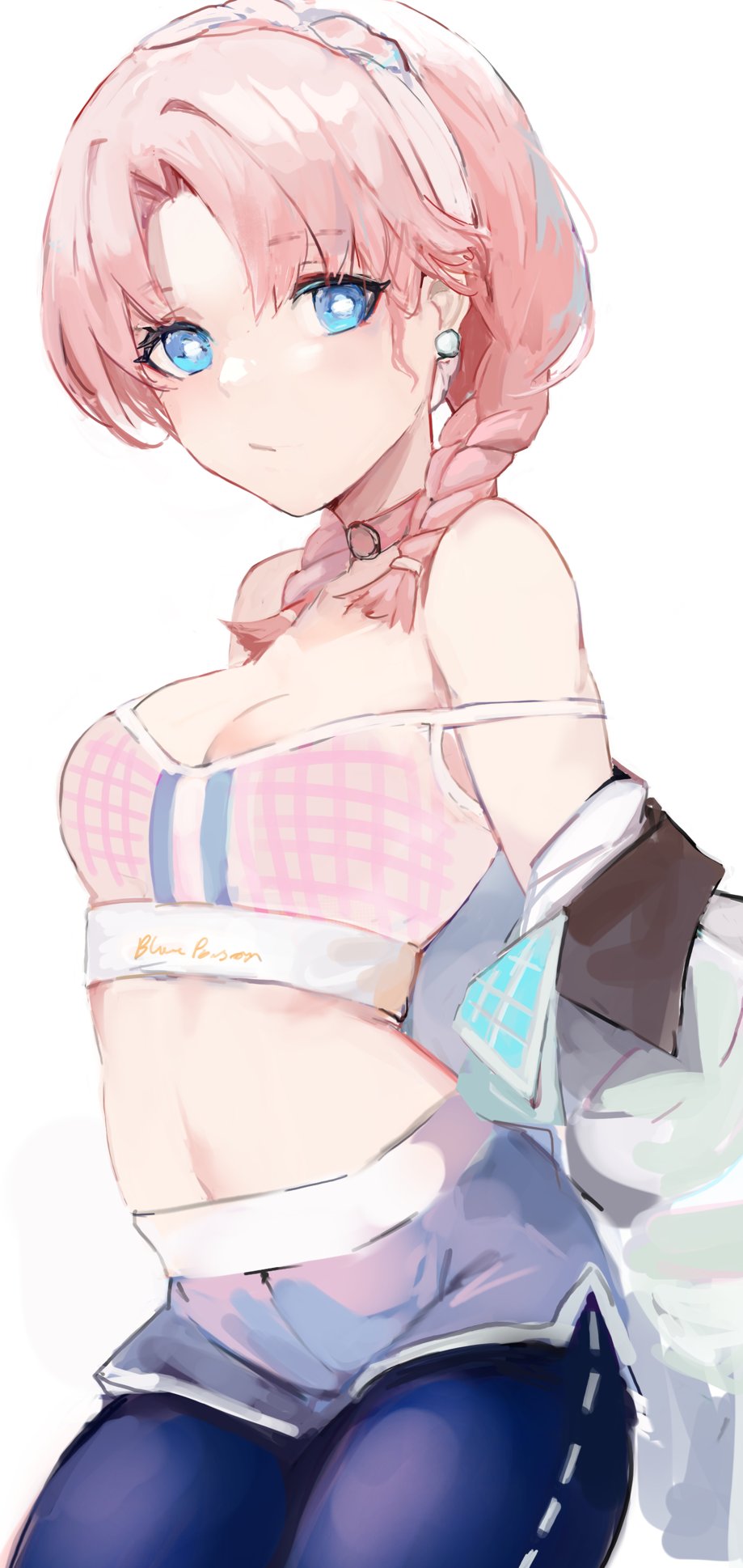 1girl, arknights, bare_shoulders, blue_eyes, blue_legwear, blue_poison_(arknights), blue_poison_(shoal_beat)_(arknights), braid