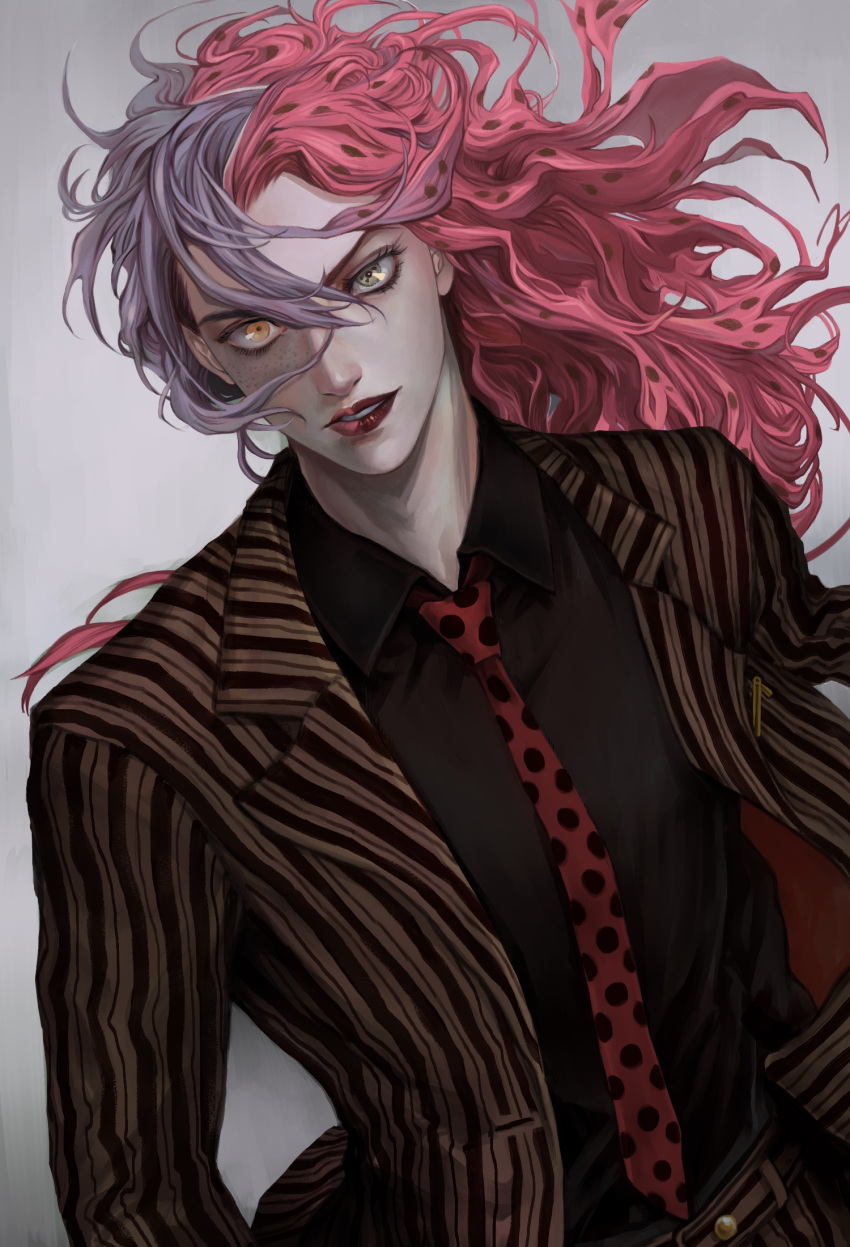 1boy, diavolo, dual_persona, formal, freckles, green_eyes, highres, jojo_no_kimyou_na_bouken, lipstick, makeup, male_focus, necktie, pink_hair, pinstripe_pattern, pinstripe_suit, polka_dot_hair, polka_dot_necktie, purple_hair, snr_snr, solo, split_theme, striped, suit, vento_aureo, vinegar_doppio, wavy_hair, yellow_eyes
