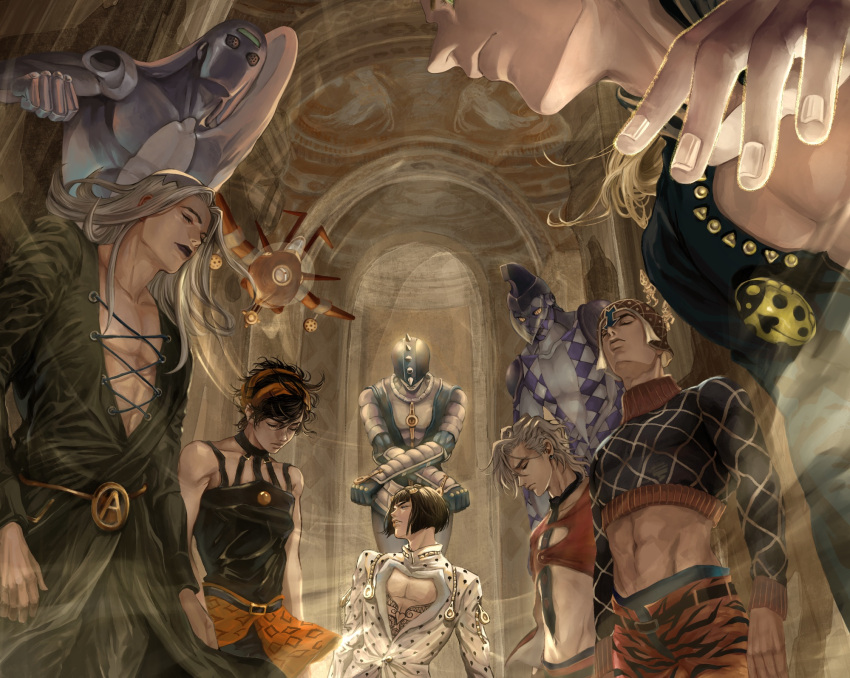 6+boys, aerosmith_(stand), aircraft, airplane, black_hair, black_lips, blonde_hair, bruno_buccellati