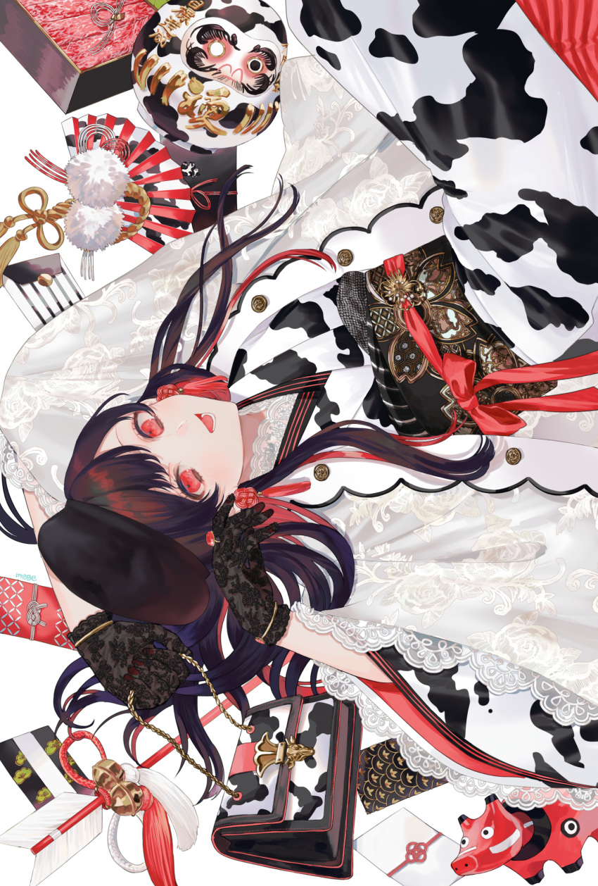 1girl, animal_print, arrow_(projectile), bag, bell, black_gloves, brown_hair, chinese_zodiac