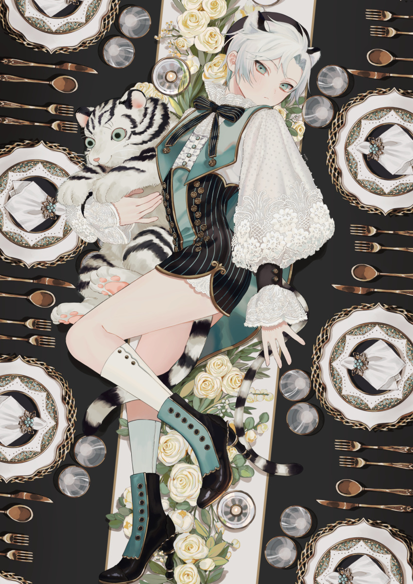 1boy, animal_ears, animal_hug, aqua_footwear, black_bow, black_bowtie, black_dress, black_headwear