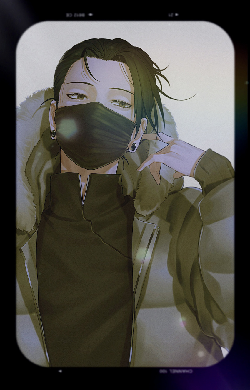 1boy, absurdres, bangs, black_eyes, black_hair, black_mask, black_shirt, ear_piercing