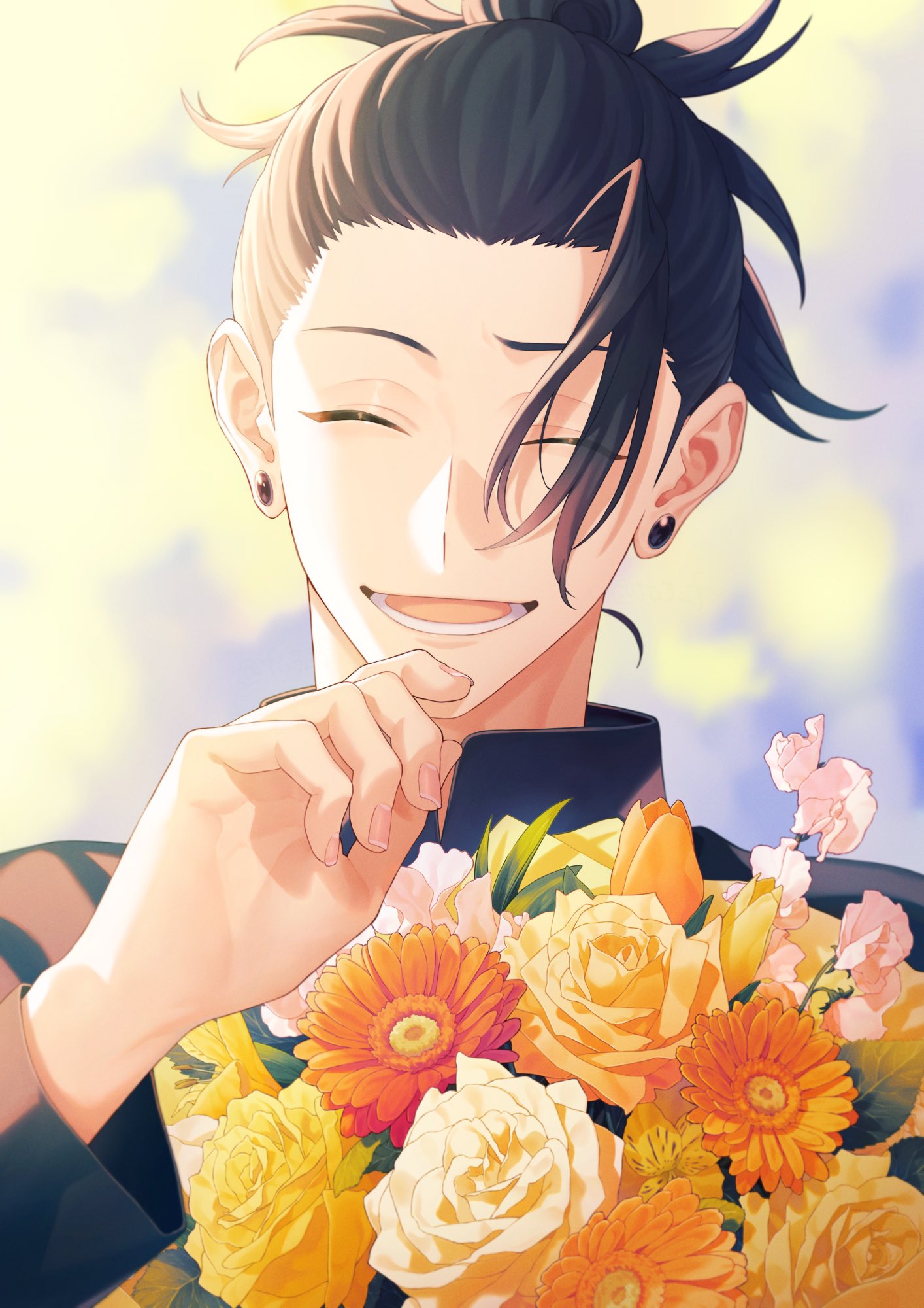 1boy, :d, ^_^, bangs, black_hair, black_jacket, bouquet, closed_eyes