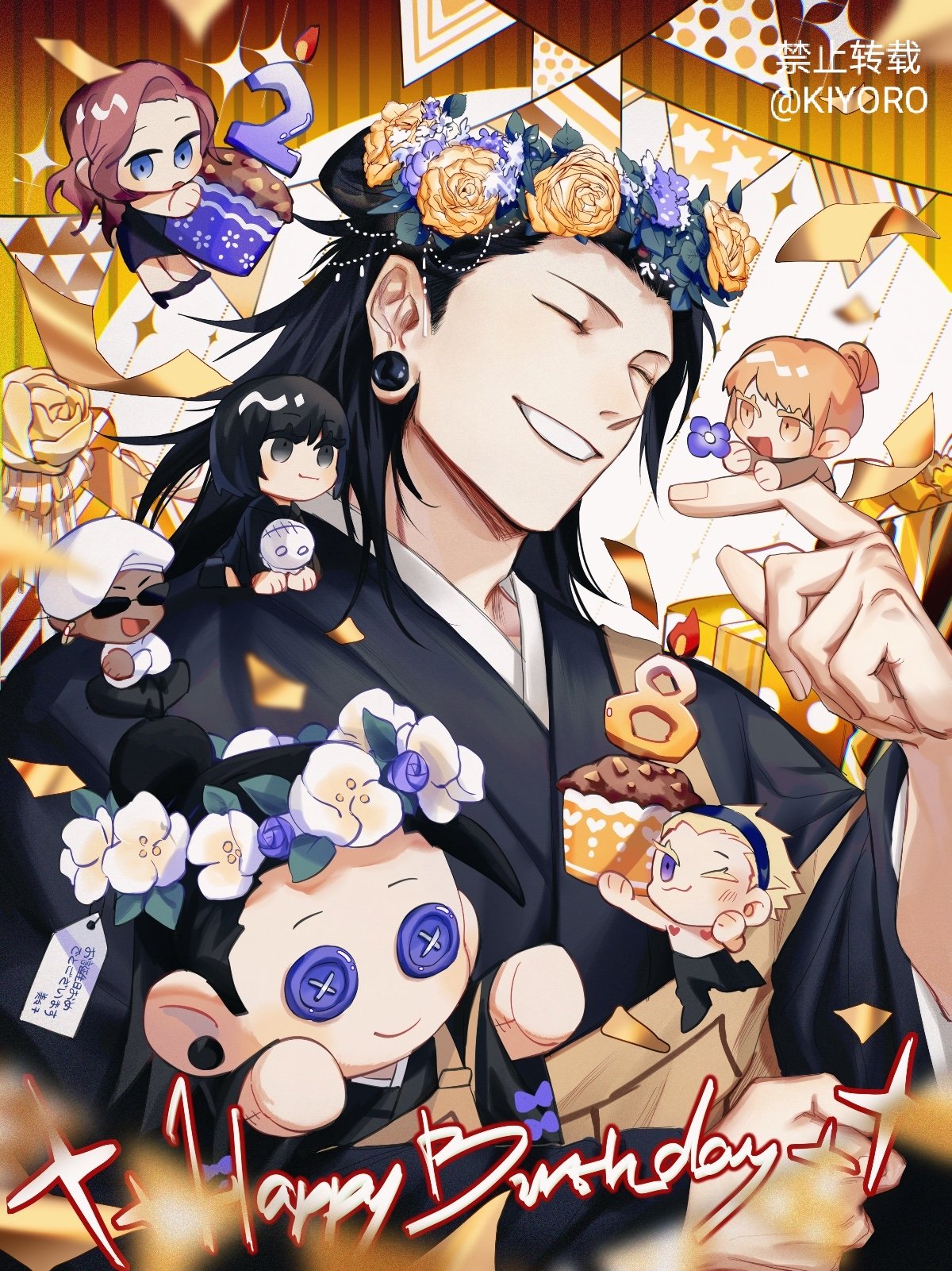 3boys, 3girls, ^_^, black_hair, black_kimono, blonde_hair, chibi, closed_eyes