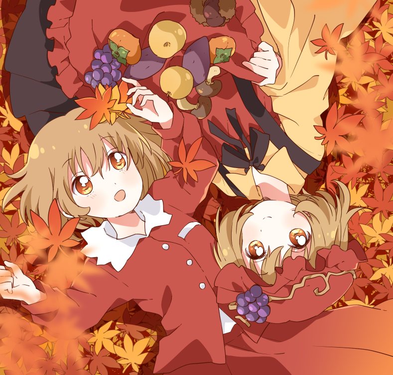 2girls, :d, aki_minoriko, aki_shizuha, apron, apron_basket, arms_up, autumn