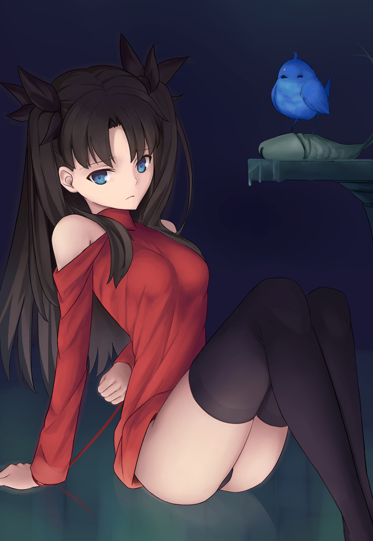1girl, arm_behind_back, bare_shoulders, bird, black_hair, black_legwear, black_panties, blue_bird, blue_eyes, bound, bound_wrists, breasts, clenched_hand, closed_mouth, commentary_request, crest_worm, fate/stay_night, fate_(series), feet_out_of_frame, frown, hair_ornament, hair_ribbon, knees_up, long_hair, long_legs, no_pants, panties, red_shirt, revision, ribbon, shirt, sitting, small_breasts, string, string_of_fate, thigh-highs, thighs, thread, tohsaka_rin, tsuki_suigetsu, two_side_up, underwear