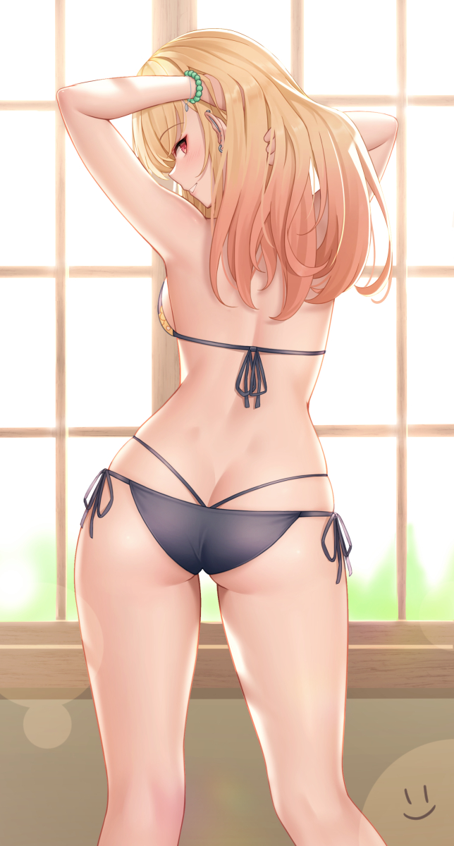 1girl, arms_behind_head, arms_up, ass, back, bangs, bare_shoulders, bikini