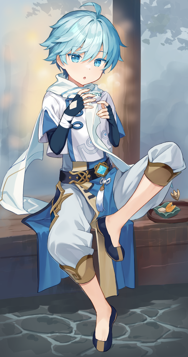 1boy, ahoge, bangs, blue_eyes, blue_hair, blush, chinese_clothes, chongyun_(genshin_impact), cup, eyebrows_visible_through_hair, food, genshin_impact, gloves, hair_between_eyes, hair_ornament, highres, holding, hood, jewelry, konmamion, long_hair, long_sleeves, looking_at_viewer, male_focus, multiple_boys, open_mouth, short_hair, shota, simple_background, smile, teacup