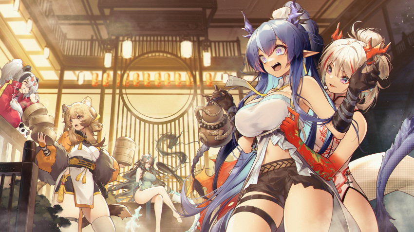 5girls, absurdres, animal_ear_fluff, animal_ears, architecture, arknights, bamboo_steamer, bangs, baozi, bare_legs, bare_shoulders, barefoot, bear_ears, black_gloves, black_hair, black_shorts, blue_hair, blue_skin, blush, boots, braid, breasts, brown_hair, ceiling_light, china_dress, chinese_clothes, chinese_commentary, closed_eyes, colored_skin, commentary_request, corset, cowboy_shot, crossed_legs, detached_collar, dragon, dragon_girl, dragon_horns, dragon_tail, dress, du_(arknights), dusk_(arknights), dusk_(everything_is_a_miracle)_(arknights), earrings, east_asian_architecture, eating, elbow_gloves, eyebrows_visible_through_hair, eyewear_on_head, feater_(arknights), feater_(gourmet)_(arknights), food, food_theft, fur_shawl, gloves, gourd, gradient_hair, gradient_skin, green_dress, hair_rings, highres, holding, horns, indoors, ink, jacket, jewelry, jiusan_naitan, large_breasts, ling_(arknights), long_hair, long_sleeves, looking_down, multicolored_hair, multiple_girls, navel, necktie, nian_(arknights), nian_(unfettered_freedom)_(arknights), official_alternate_costume, open_clothes, open_jacket, open_mouth, panda, pelvic_curtain, pointy_ears, ponytail, puffy_long_sleeves, puffy_sleeves, red_jacket, redhead, short_shorts, shorts, siblings, sidelocks, silver_hair, sisters, skindentation, sleeveless, sleeveless_dress, strapless, streaked_hair, tail, tape_measure, tassel, thigh-highs, thigh_boots, thighs, tiger_ears, tiger_girl, tiger_tail, twintails, two-tone_hair, underbust, v_arms, very_long_hair, violet_eyes, white_dress, white_legwear, wide-eyed, yellow_necktie