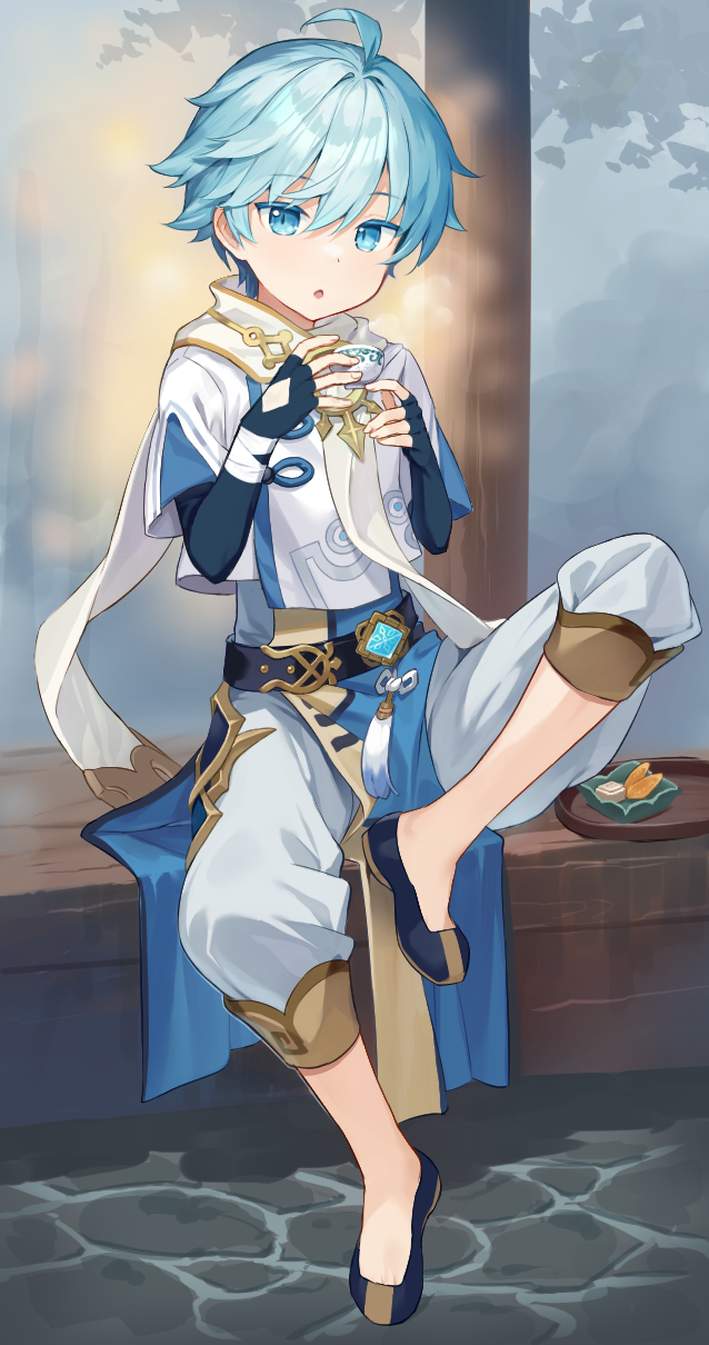 1boy, ahoge, bangs, blue_eyes, blue_hair, blush, chinese_clothes, chongyun_(genshin_impact)