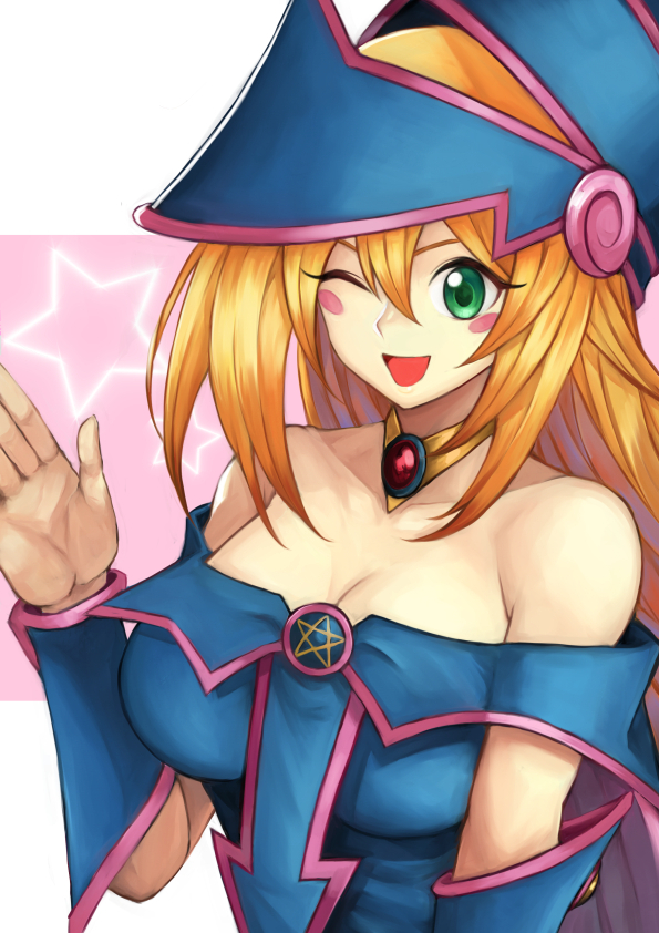 1girl, bare_shoulders, blonde_hair, blush_stickers, bracer, breasts, dark_magician_girl, duel_monster, green_eyes, grin, hair_between_eyes, hat, highleg, highleg_leotard, highres, holding, holding_staff, large_breasts, leotard, long_hair, looking_at_viewer, pentacle, pink_skirt, showgirl_skirt, skin_tight, skirt, smile, solo, staff, usui_natrium, wizard_hat, yu-gi-oh!, yu-gi-oh!_duel_monsters, yuu-gi-ou, yuu-gi-ou_duel_monsters