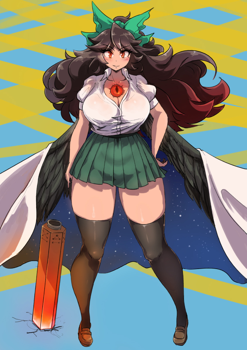 arm_cannon, bird_wings, black_hair, black_wings, bow, cape, collared_shirt, control_rod