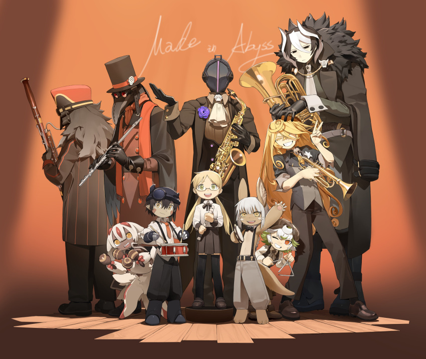 4boys, 6+girls, absurdres, alternate_costume, animal_ears, black_cape, black_coat, black_gloves, black_hair, blonde_hair, bondrewd, cape, coat, curly_hair, faputa, full_body, gloves, hair_between_eyes, highres, holding, horizontal_pupils, instrument, jacket, knifedragon, long_hair, looking_at_viewer, lyza_(made_in_abyss), made_in_abyss, monster_girl, multicolored_hair, multiple_boys, multiple_girls, music, nanachi_(made_in_abyss), open_mouth, orchestra, ozen, plague_doctor_mask, playing_instrument, prushka, red_eyes, regu_(made_in_abyss), riko_(made_in_abyss), saxophone, short_hair, smile, srajo, tuba, two-tone_hair, very_long_hair, white_hair, yellow_eyes