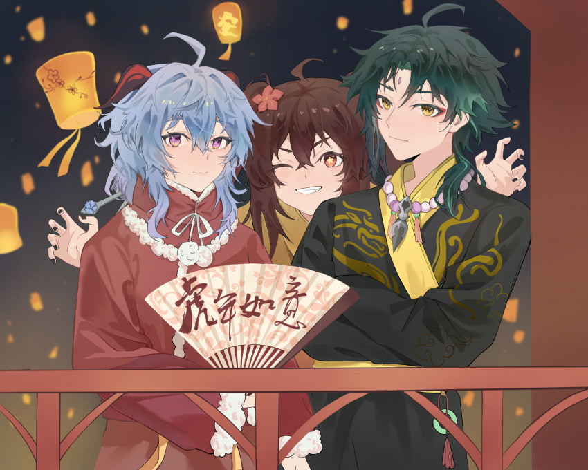 1boy, 2girls, absurdres, bangs, black_nails, blue_hair, brown_hair, chinese_clothes