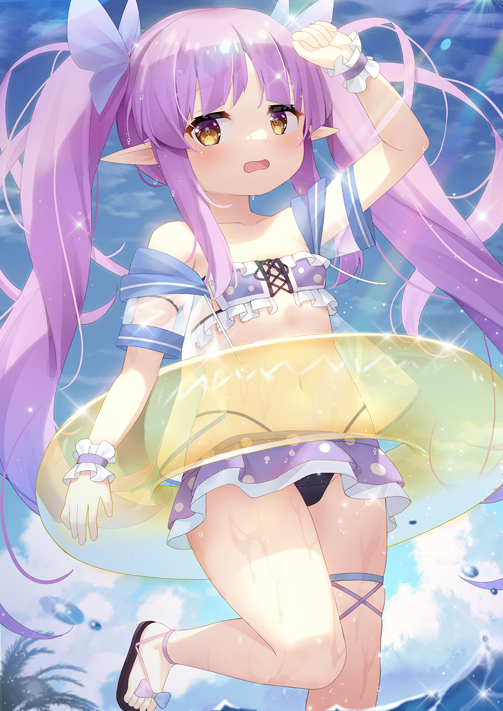 1girl, arm_up, bikini, bikini_skirt, black_bikini, breasts, brown_eyes, clouds