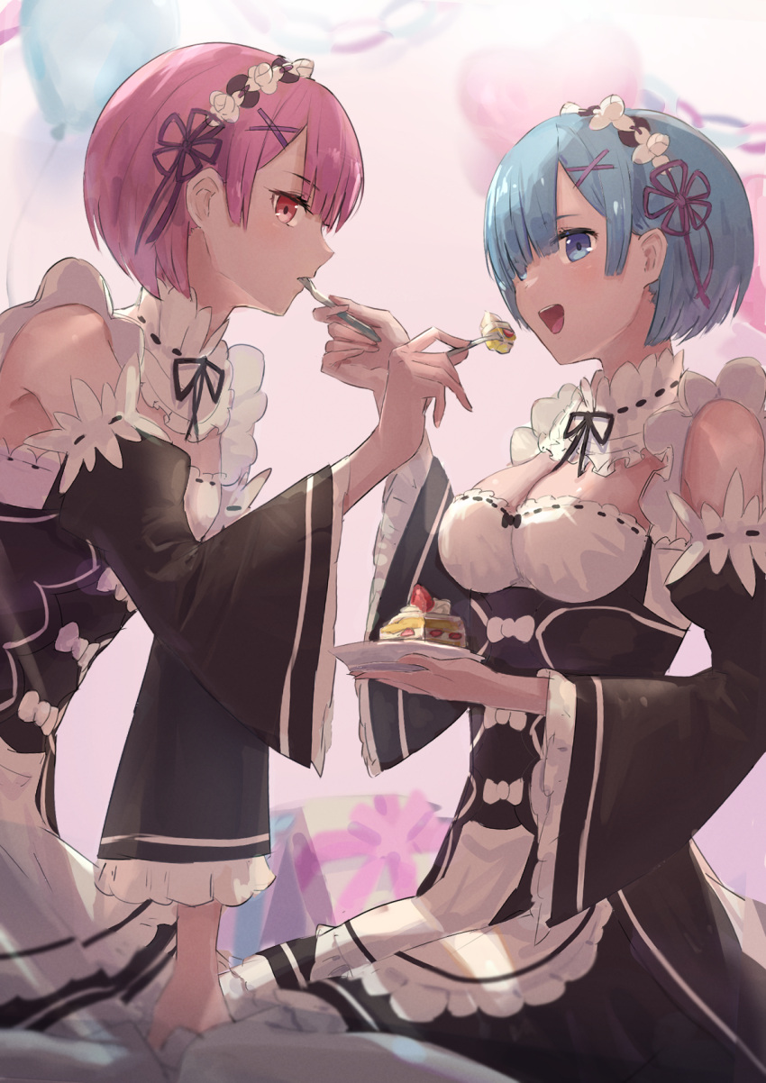 2girls, absurdres, apron, bangs, black_dress, black_sleeves, blue_eyes, blue_hair