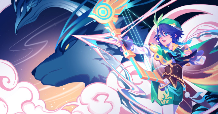 1boy, andrius_(genshin_impact), androgynous, artnovic, bangs, beret, black_hair, blue_hair, bow, bow_(weapon), braid, collared_cape, collared_shirt, commentary, corset, drawing_bow, dvalin_(genshin_impact), english_commentary, feathers, flower, frilled_sleeves, frills, genshin_impact, gradient_hair, green_eyes, green_headwear, green_shorts, hair_flower, hair_ornament, hat, hat_flower, highres, holding, holding_bow_(weapon), holding_weapon, leaf, light_particles, long_sleeves, looking_at_viewer, male_focus, multicolored_hair, open_mouth, pantyhose, shirt, short_hair_with_long_locks, shorts, side_braids, sidelocks, smile, solo, twin_braids, venti_(genshin_impact), weapon, white_flower, white_legwear, white_shirt