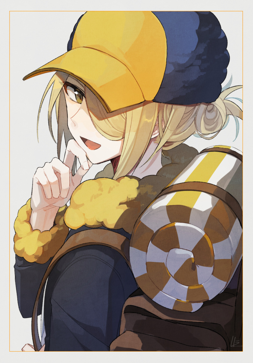 1boy, :d, backpack, bag, bangs, blonde_hair, brown_bag, brown_eyes
