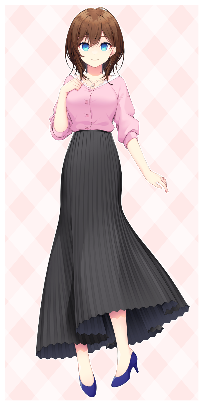 1girl, black_skirt, blue_eyes, blue_footwear, brown_hair, character_request, closed_mouth, copyright_request, full_body, high_heels, highres, konogi_nogi, long_skirt, looking_at_viewer, medium_hair, pink_background, pink_shirt, shirt, shoes, skirt, smile, solo, virtual_youtuber