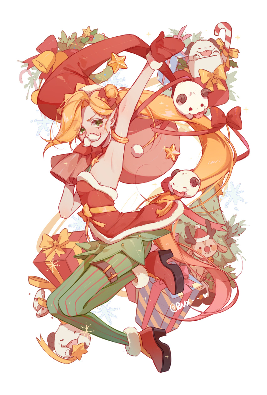 1girl, absurdres, ambitious_elf_jinx, armpits, bangs, black_footwear, blonde_hair, blush
