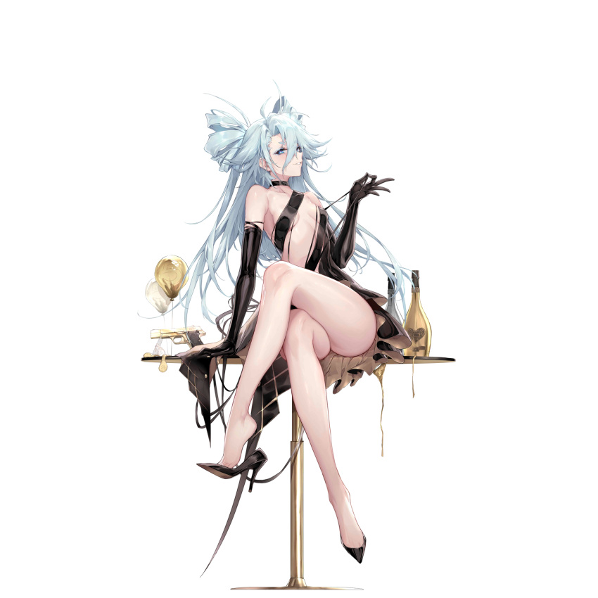 1girl, alcohol, balloon, bangs, bare_shoulders, black_choker, black_dress, black_footwear, black_gloves, blue_eyes, blue_hair, blush, bottle, breasts, character_name, choker, closed_mouth, collarbone, copyright_name, crossed_legs, desert_eagle, dress, elbow_gloves, eye_symbol, eyebrows_visible_through_hair, full_body, girls_frontline, gloves, gun, hair_between_eyes, hair_ornament, hand_on_table, handgun, heart, heart-shaped_pupils, high_heels, highres, holding_strap, legs, lips, long_hair, looking_at_viewer, mab_pa-15, official_alternate_costume, official_art, pa-15_(girls_frontline), pa-15_(phantom_thief_of_champagne)_(girls_frontline), pistol, shanyao_jiang_tororo, shoe_dangle, sitting, sitting_on_table, small_breasts, smile, solo, symbol-shaped_pupils, table, teeth, thighs, torn_clothes, torn_dress, transparent_background, weapon, wine_bottle