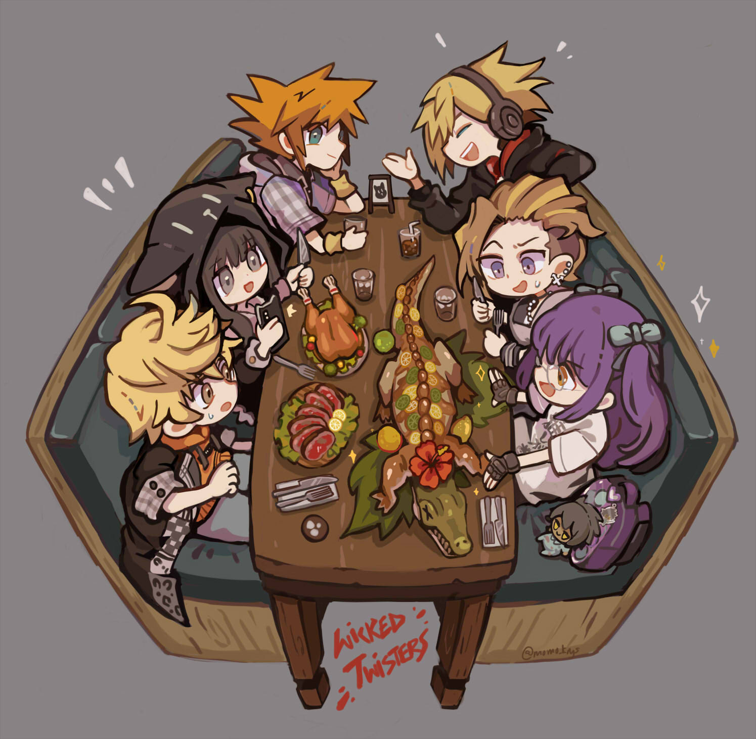 2girls, 4boys, animal_hood, bitou_daisukenojou, black_hair, blonde_hair, bow, brown_hair