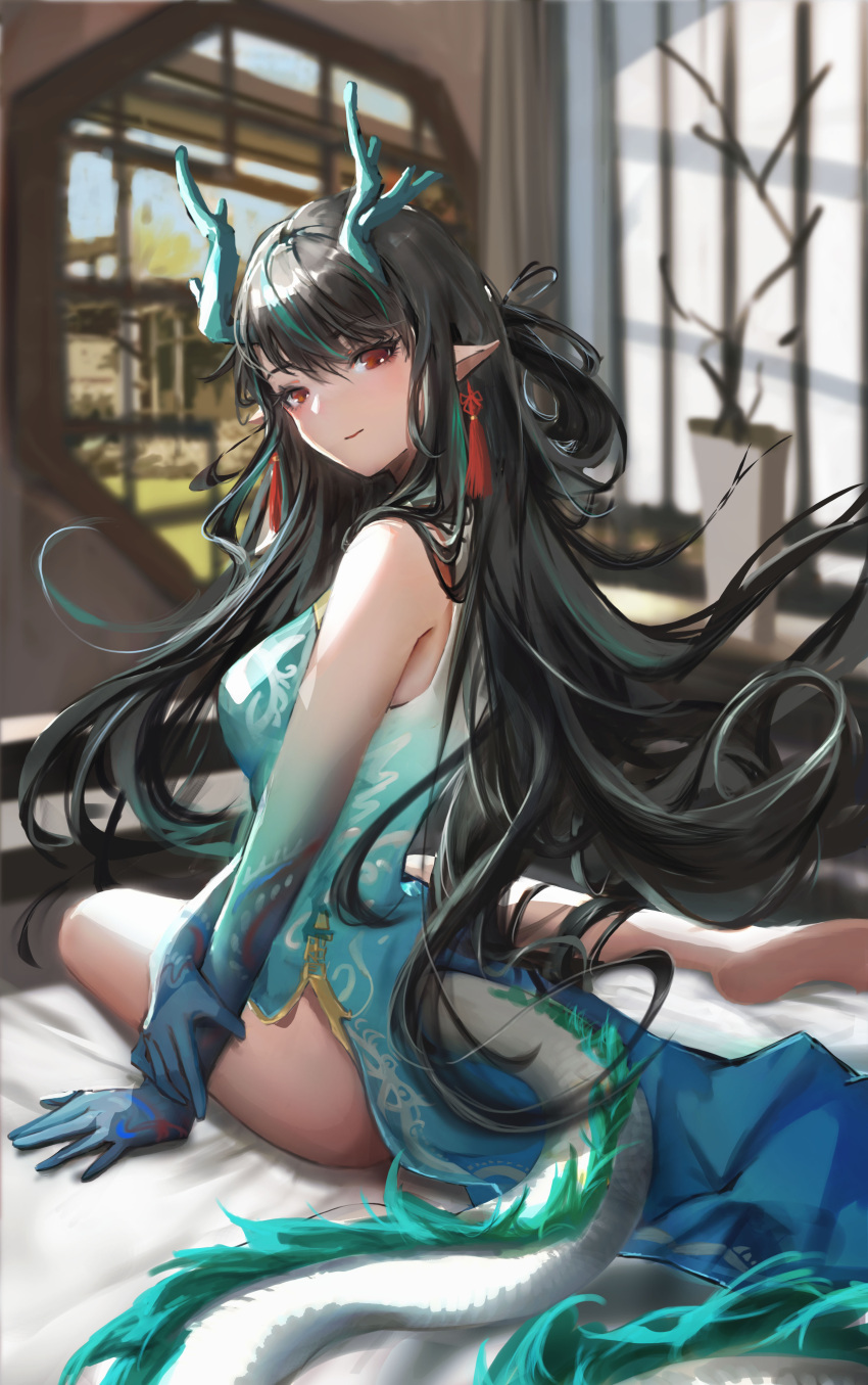 1girl, absurdres, arknights, bangs, barefoot, black_hair, blue_dress, blue_hair