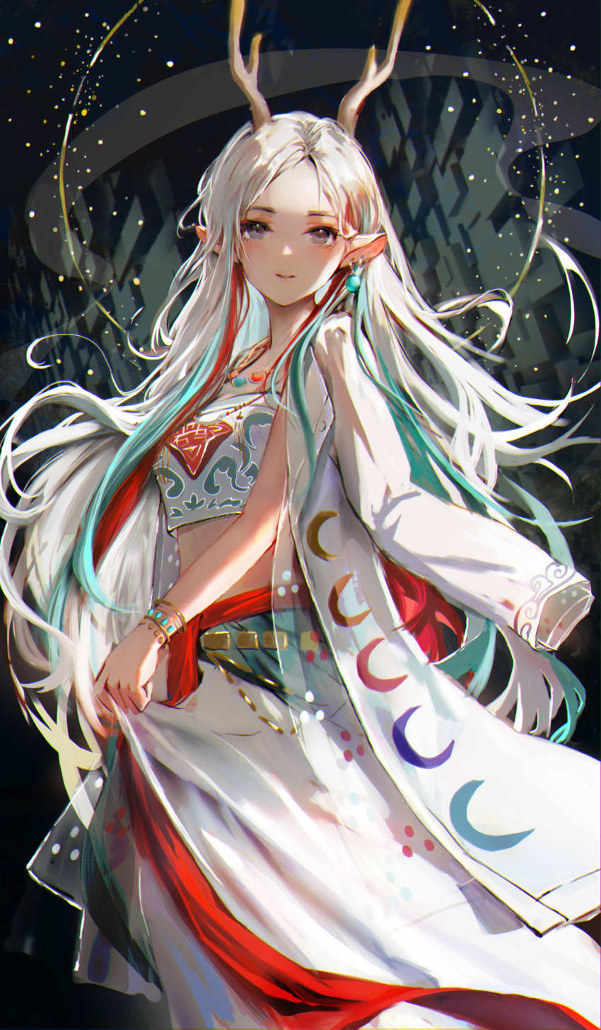 1girl, a_deer_of_nine_colors, absurdres, animal_ears, arknights, bangs, blue_hair, bracelet