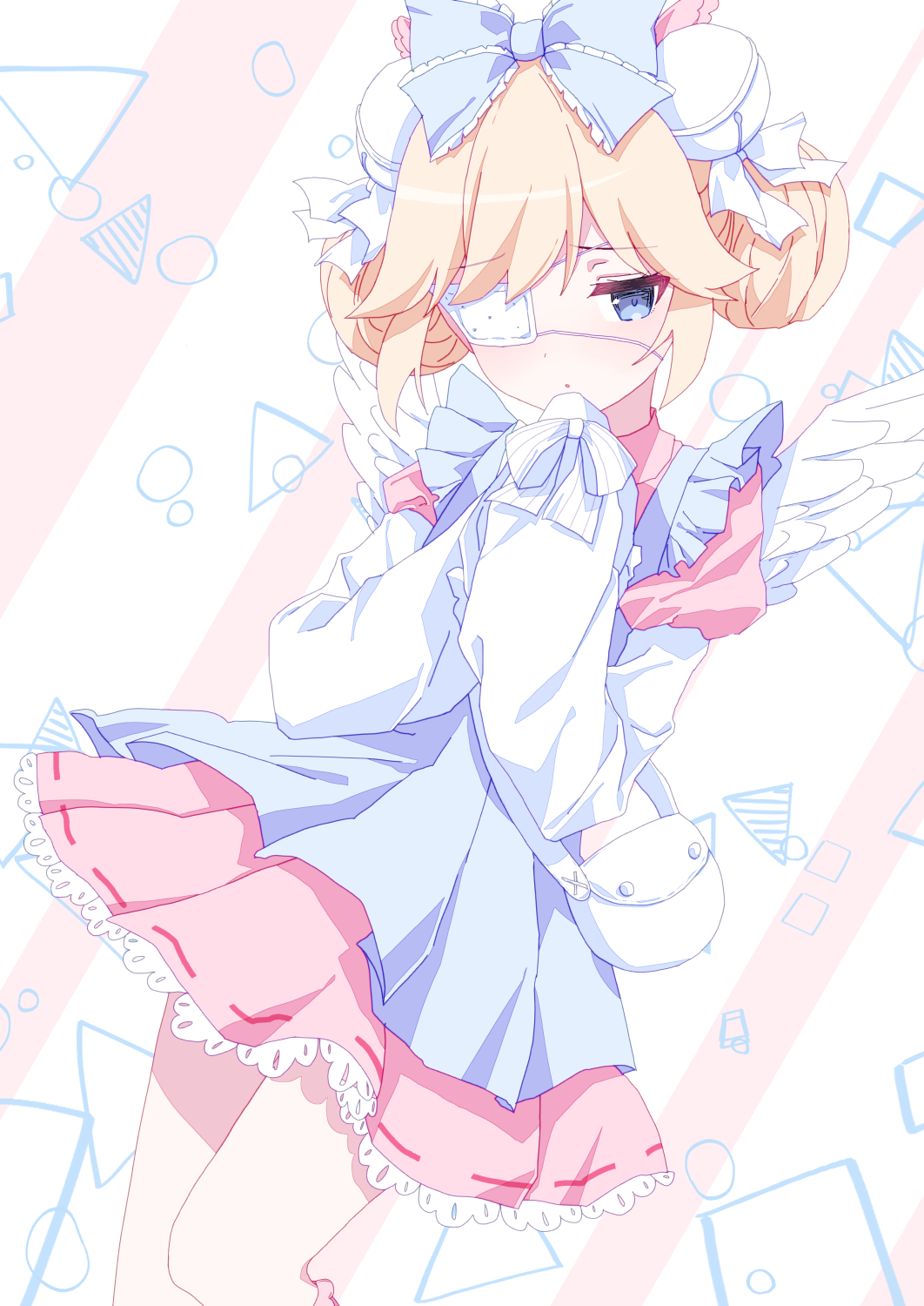 1girl, :o, apron, bag, bell, blonde_hair, blue_apron, blue_bow