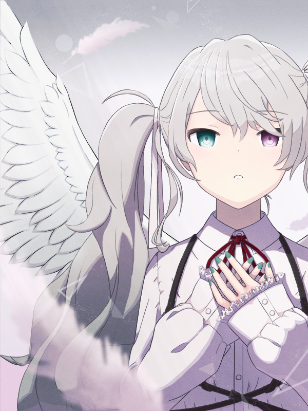 1girl, 25-ji_miku, blurry, blurry_foreground, chest_harness, feathered_wings, gradient, gradient_background, green_eyes, green_nails, grey_background, grey_hair, hands_on_own_chest, hands_up, harness, hatsune_miku, heterochromia, long_hair, long_sleeves, looking_at_viewer, oz_music_999, parted_lips, project_sekai, shirt, sleeves_past_wrists, solo, twintails, violet_eyes, vocaloid, white_shirt, white_wings, wings