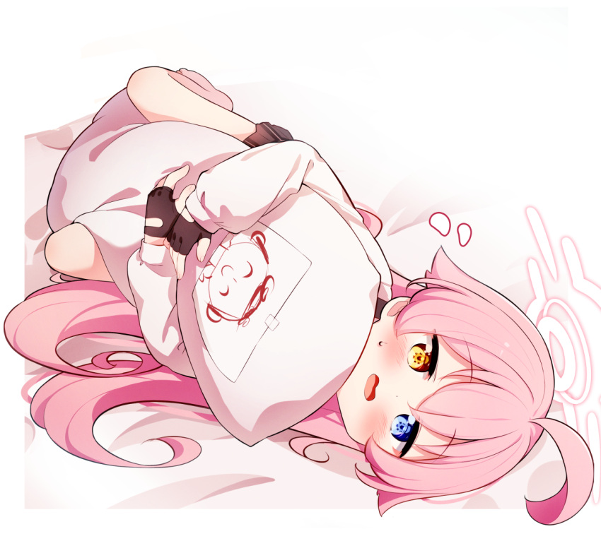1girl, bangs, bed_sheet, black_gloves, black_skirt, blue_archive, blue_eyes, blush, body_pillow, brown_eyes, commentary_request, eyebrows_visible_through_hair, fingerless_gloves, gloves, hair_between_eyes, halo, heterochromia, hoshino_(blue_archive), long_hair, long_sleeves, lying, object_hug, on_side, pillow, pillow_hug, pink_hair, plaid, plaid_skirt, puffy_long_sleeves, puffy_sleeves, setmen, shirt, skirt, sleeves_past_wrists, solo, sweat, very_long_hair, white_background, white_shirt