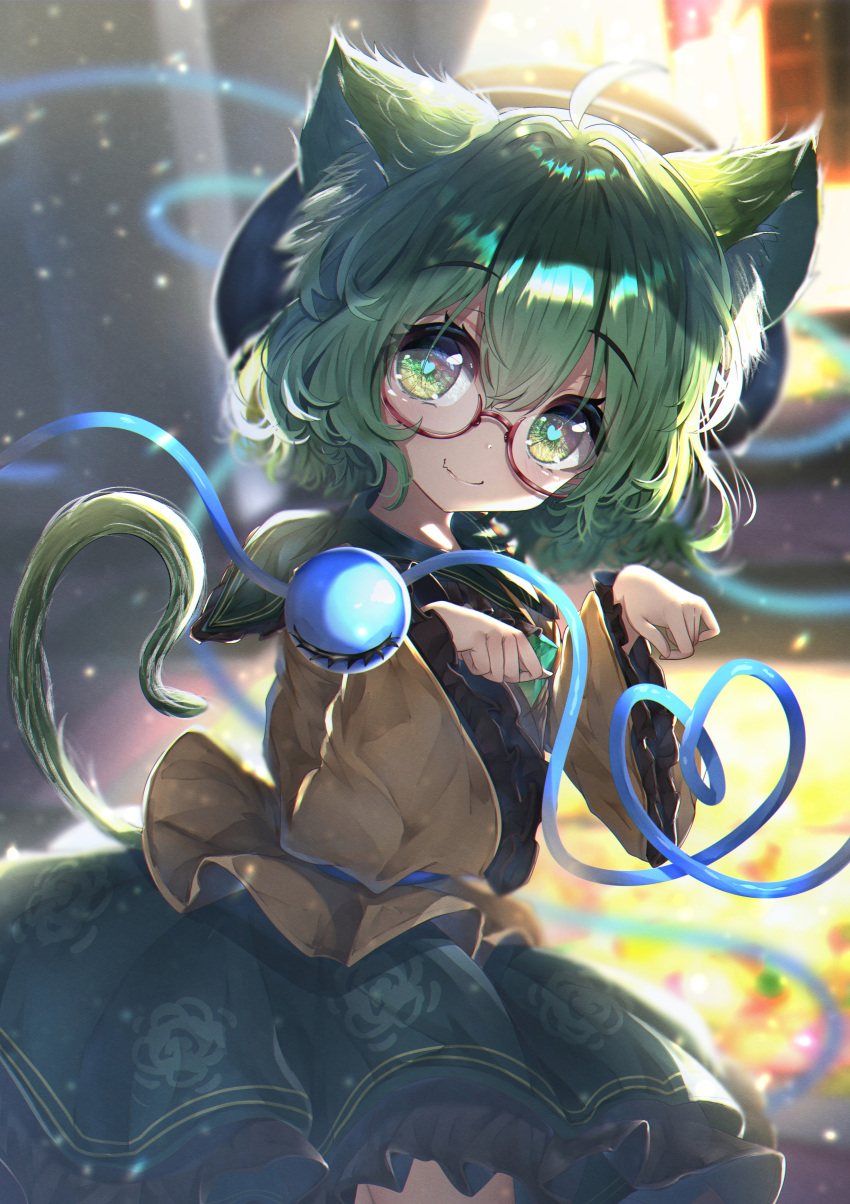 1girl, absurdres, ahoge, animal_ears, bespectacled, black_headwear, blush, cat_ears
