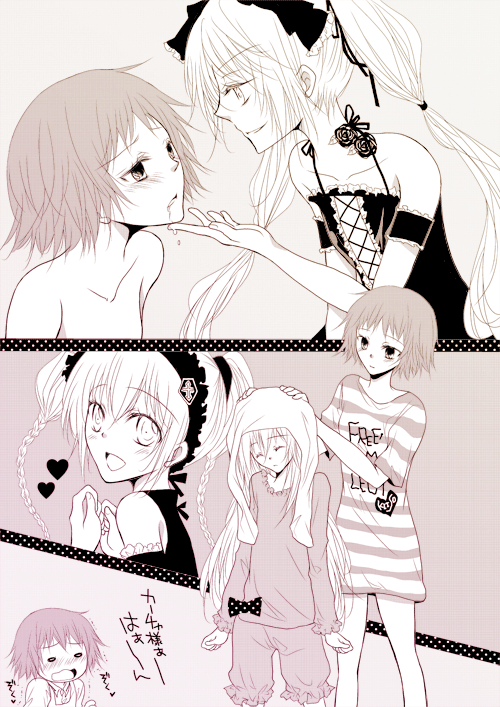 ekaterina_kurae, katsuragi_hana, long_hair, monochrome, pajamas, seikon_no_qwaser, short_hair, smile