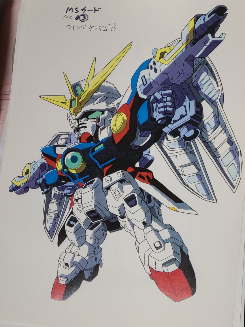 character_name, chibi, dual_wielding, green_eyes, gundam, gundam_combat, gundam_wing, highres