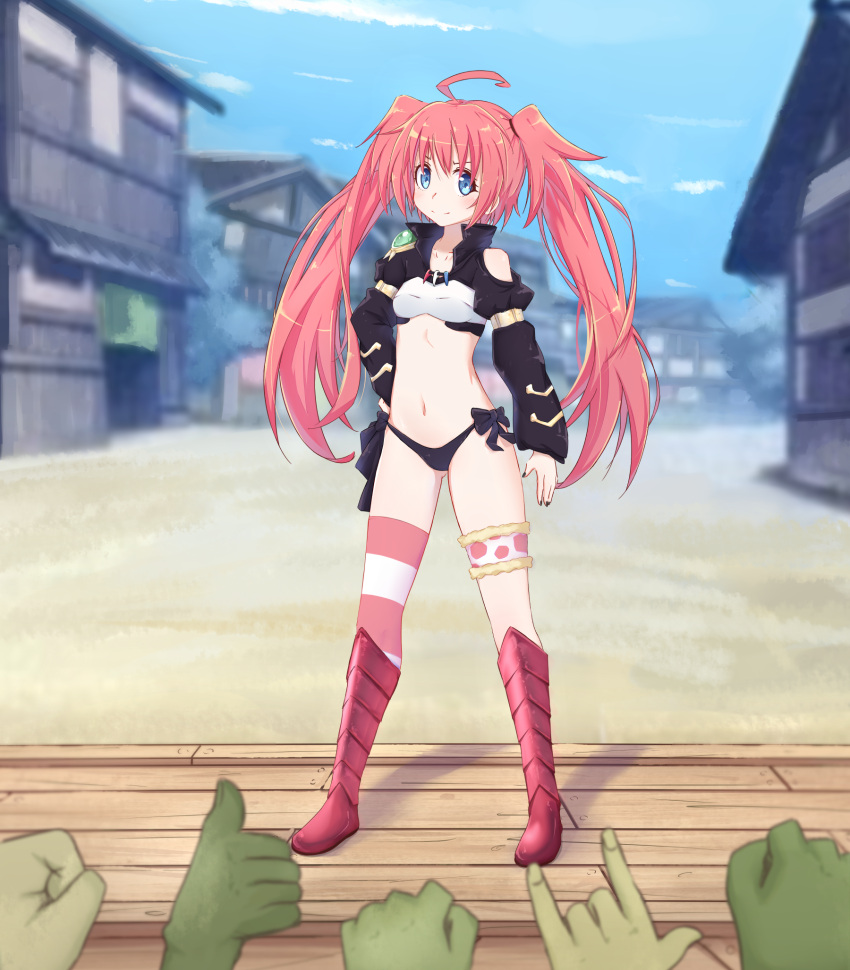 1girl, 5others, ahoge, ass_visible_through_thighs, bandeau, black_panties, black_shirt, black_sleeves