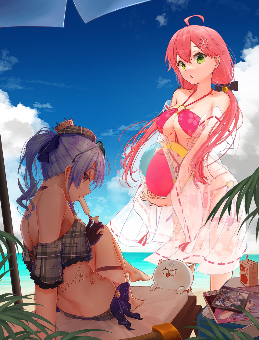 2girls, 35p_(sakura_miko), absurdres, apple_juice, ball, bangs, barefoot, beachball