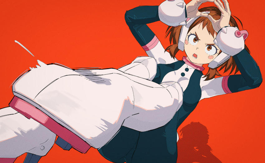 1girl, action, angry, arms_up, blush, boku_no_hero_academia, brown_eyes, brown_hair