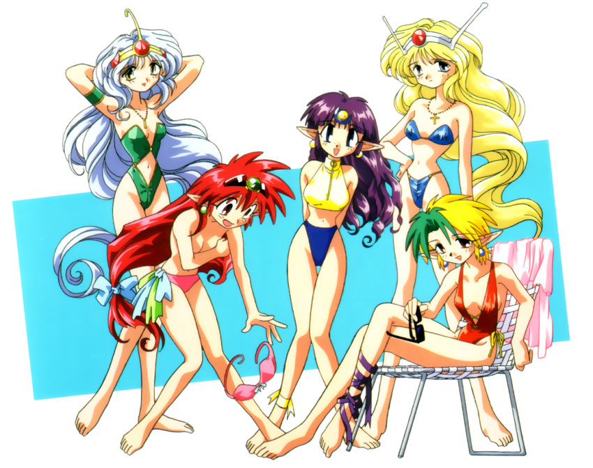 1990s_(style), 5girls, ankle_ribbon, aqua_hair, arara_milk, arm_strap, arms_behind_back, arms_behind_head