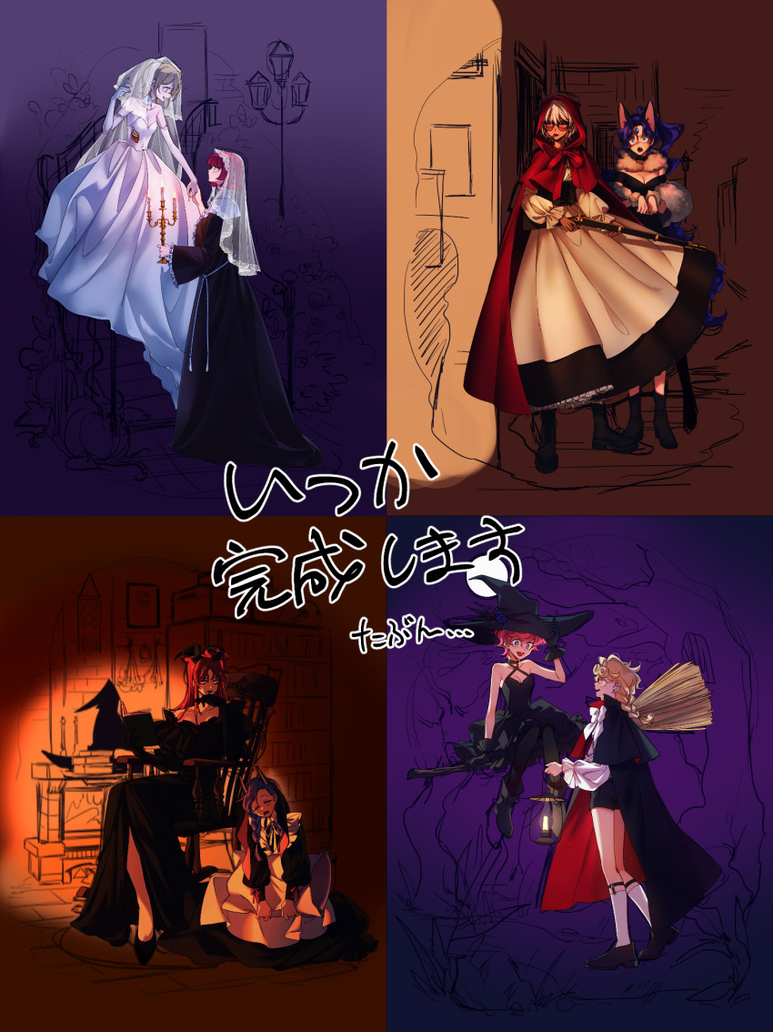6+girls, alternate_costume, black_dress, blonde_hair, broom, broom_riding, candelabra, candle