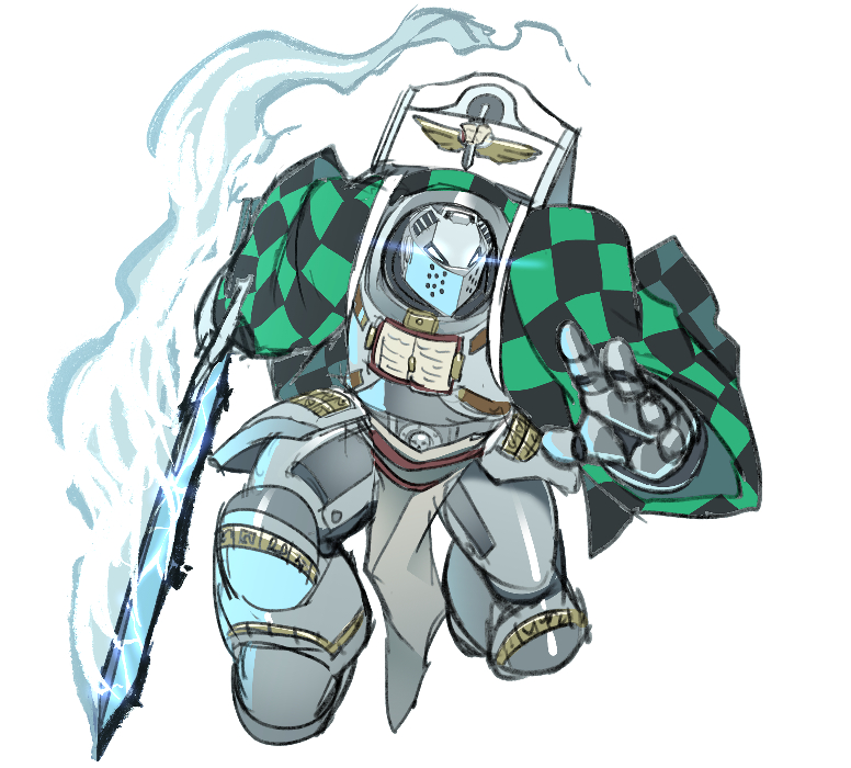 armor, checkered_clothes, checkered_haori, cosplay, crossover, grey_knight, haori, helmet, holding, holding_sword, holding_weapon, japanese_clothes, kamado_tanjirou, kamado_tanjirou_(cosplay), kannovaku, kimetsu_no_yaiba, nemesis_force_weapon, power_armor, simple_background, sword, warhammer_40k, weapon, white_background