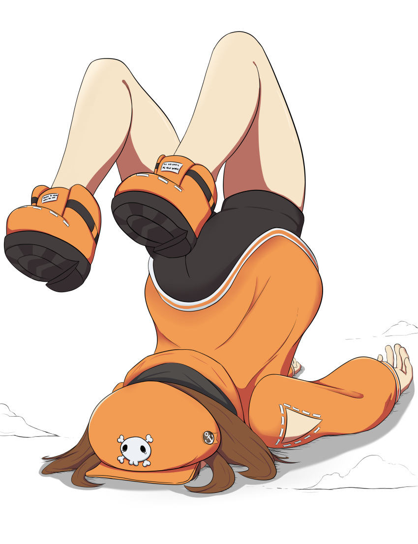 1girl, absurdres, accurina, ass, bare_legs, black_shorts, brown_hair, clothing_cutout, commentary, faceplant, full_scorpion, guilty_gear, guilty_gear_strive, hat, highres, hood, hoodie, legs_up, may_(guilty_gear), no_backpack, orange_footwear, orange_headwear, orange_hoodie, orange_theme, pirate_hat, short_shorts, shorts, shoulder_cutout, simple_background, skull_and_crossbones, solo, top-down_bottom-up, white_background