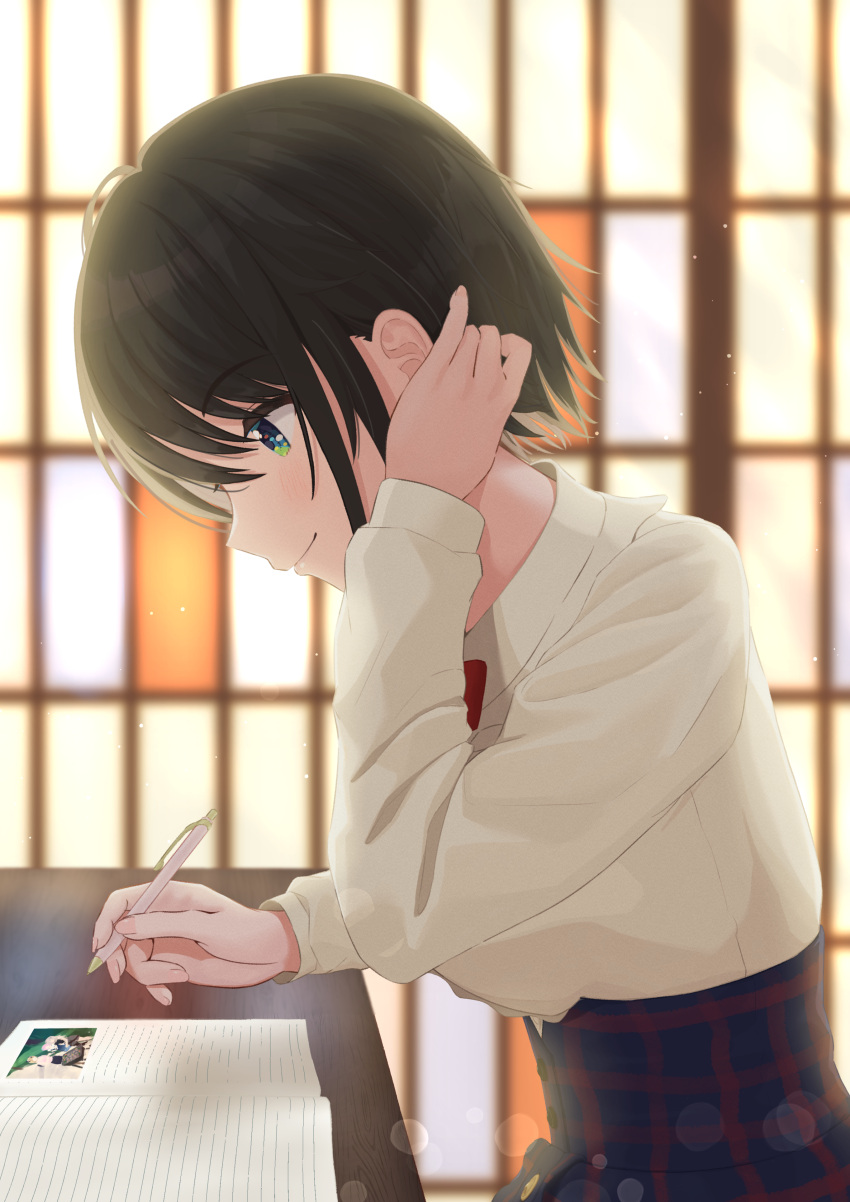 1girl, absurdres, aqua_eyes, black_hair, blue_skirt, blush, closed_mouth, collared_shirt