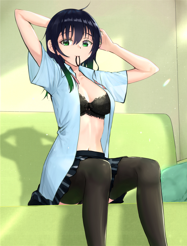 1girl, arms_up, asueli_ex, black_bra, black_hair, black_legwear, black_skirt, blue_shirt