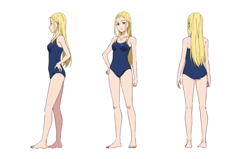 1girl, ass, bare_arms, barefoot, blonde_hair, blue_eyes, breasts, character_sheet
