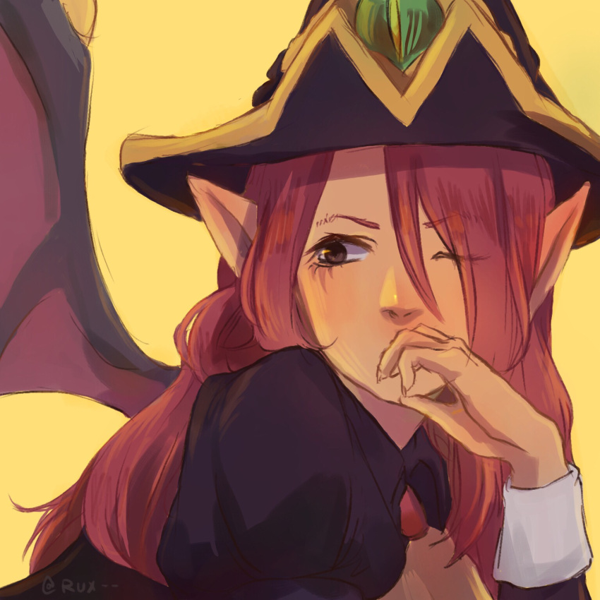 1girl, bangs, bewitching_morgana, black_dress, black_headwear, commentary_request, covering_mouth, dress, from_side, hand_over_own_mouth, hand_up, hat, highres, juliet_sleeves, league_of_legends, long_hair, long_sleeves, looking_to_the_side, morgana_(league_of_legends), official_alternate_costume, one_eye_closed, pointy_ears, puffy_sleeves, red_wings, redhead, ruan_chen_yue, wings, witch_hat, yellow_background