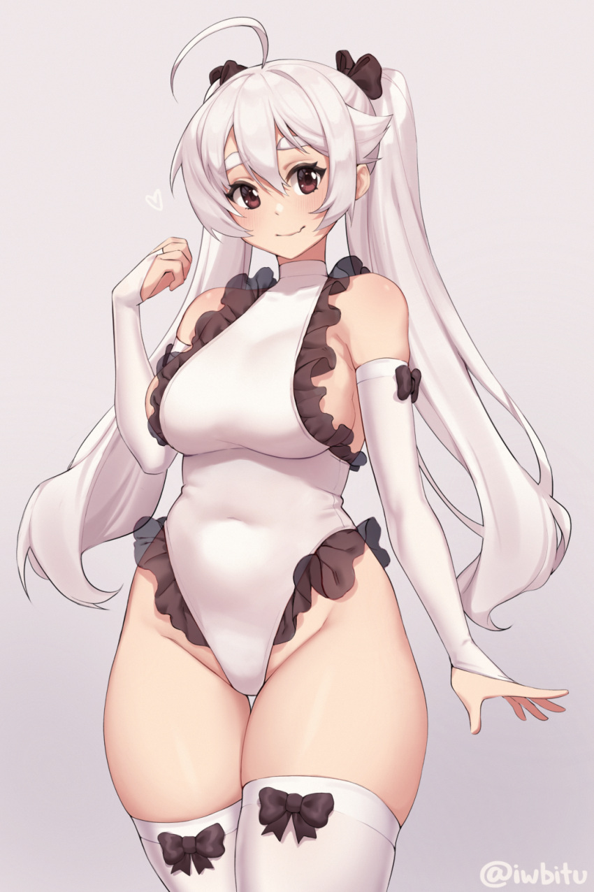 1girl, ahoge, bare_shoulders, black_bow, blush, bow, breasts, bridal_gauntlets
