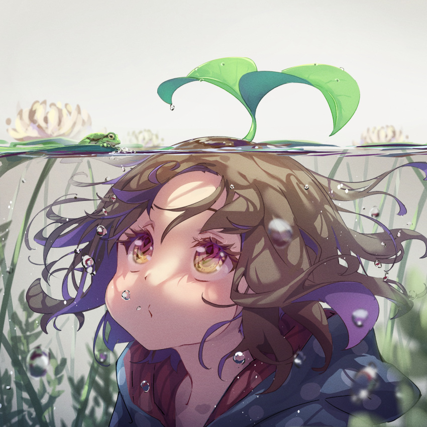 1girl, air_bubble, blue_hoodie, brown_hair, bubble, commentary_request, eva_mashiro, flower